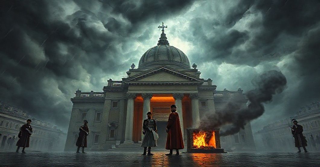 Vatican Governance: A Modernist Mirage Masking Apostasy A somber depiction of the Vatican City State as a modernist mirage, symbolizing apostasy and subversion of ecclesiastical authority.