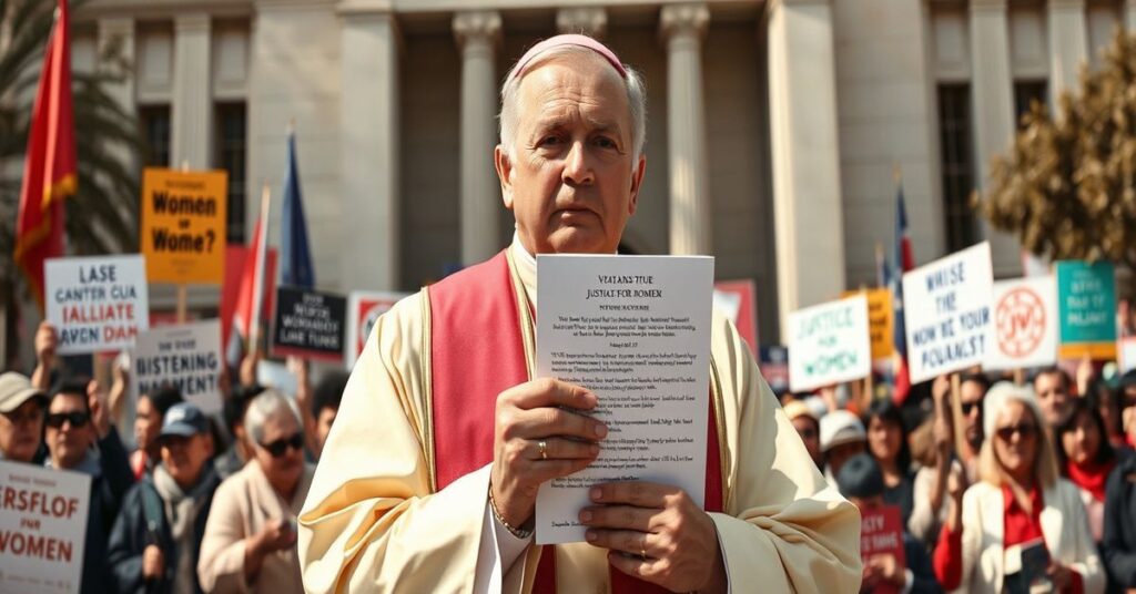 Traditional Catholic priest standing before UN building holding Vatican statement on justice for women.