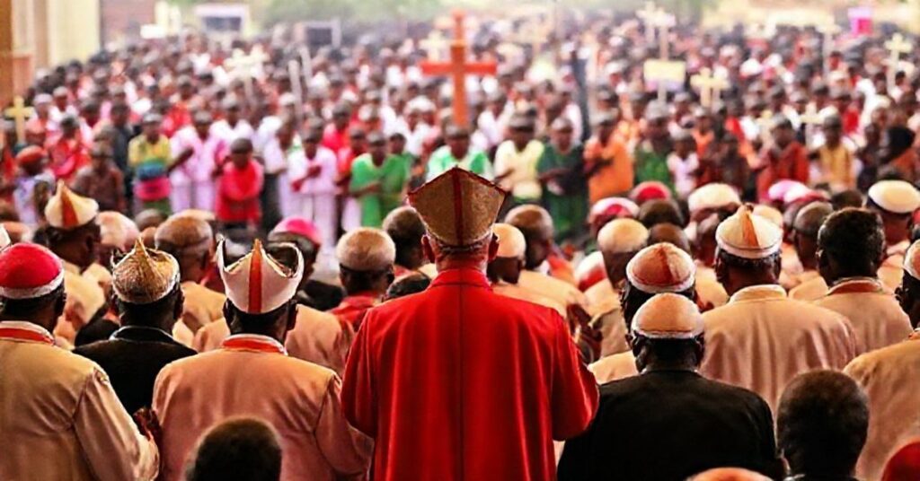 A solemn gathering of Catholic bishops in Maputo, Mozambique, led by Cardinal Pietro Parolin, during a plenary assembly.