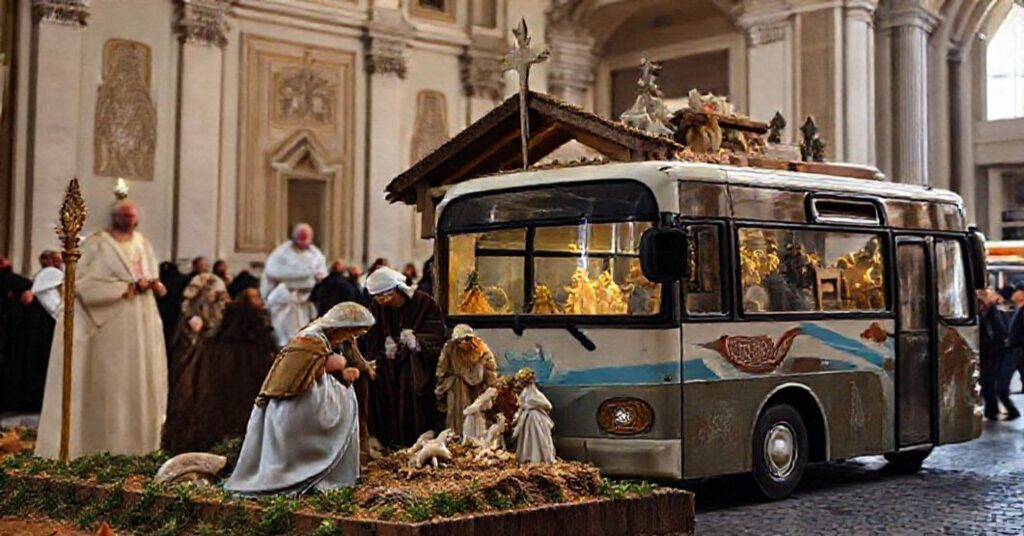 A reverent Catholic Nativity scene contrasted with a modern secular display in Vatican exhibition.