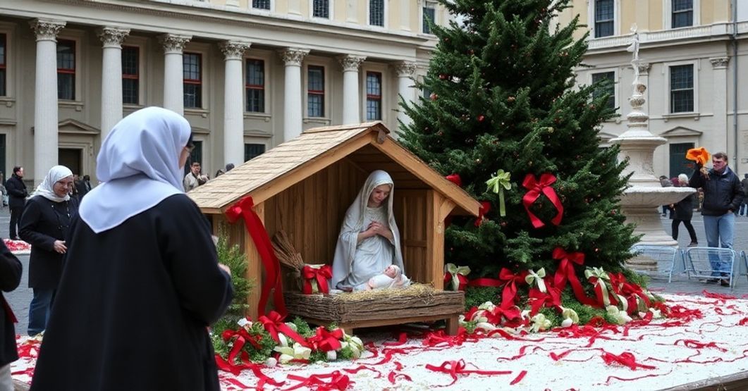 A solemn Nativity scene in St. Peter's Square with a pregnant Virgin Mary figure and 28,000 ribbons, presided over by Sister Raffaella Petrini.
