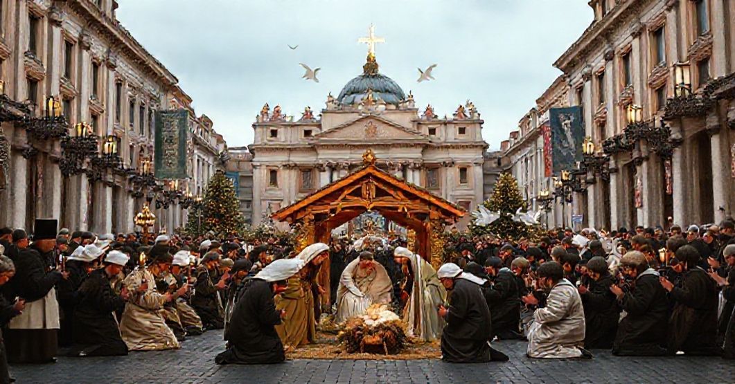 A traditional nativity scene in St. Peter's Square juxtaposed with modernist distortions and environmentalist propaganda.