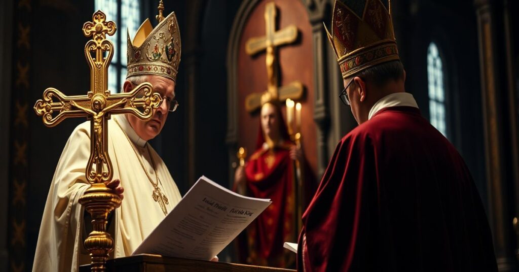 Pope Pius XI delivering Quas Primas with Archbishop Gabriele Caccia in the background symbolizing Vatican's modern naturalistic stance on slavery.