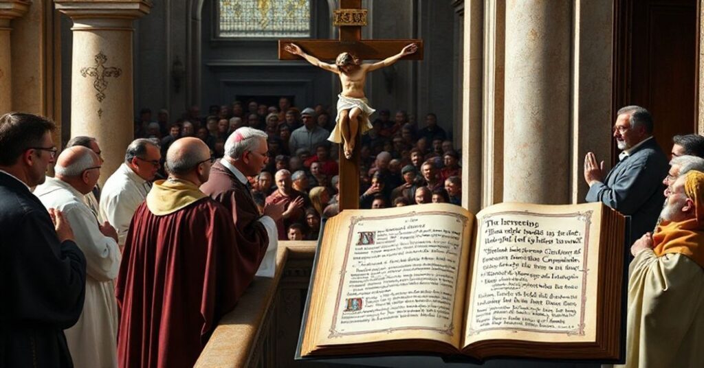 Antipope Leo XIV delivering a naturalistic address at the Vatican, contrasting with traditional Catholic teachings and St. Augustine's doctrine on the restless heart.