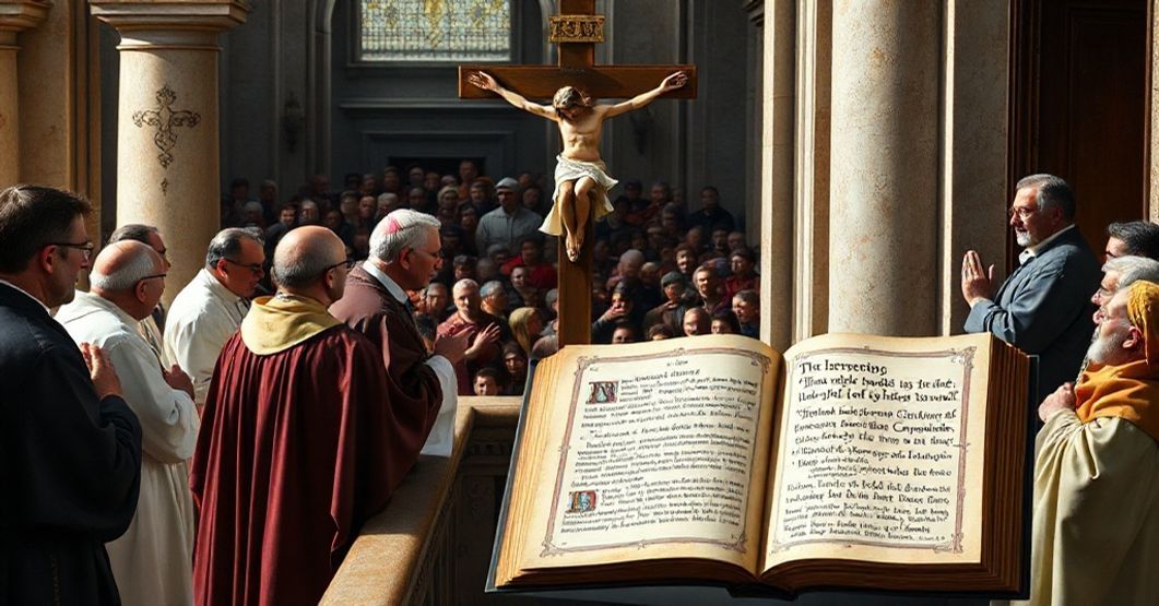 Antipope Leo XIV delivering a naturalistic address at the Vatican, contrasting with traditional Catholic teachings and St. Augustine's doctrine on the restless heart.