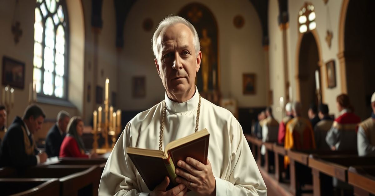 Traditional Catholic priest in a solemn church setting, contrasting with modernist liturgical chaos