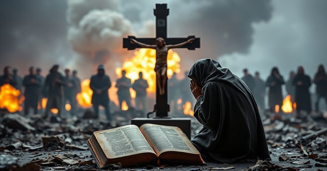 A somber Catholic scene depicting the tragic deaths of journalists in 2025 through a traditional Catholic lens