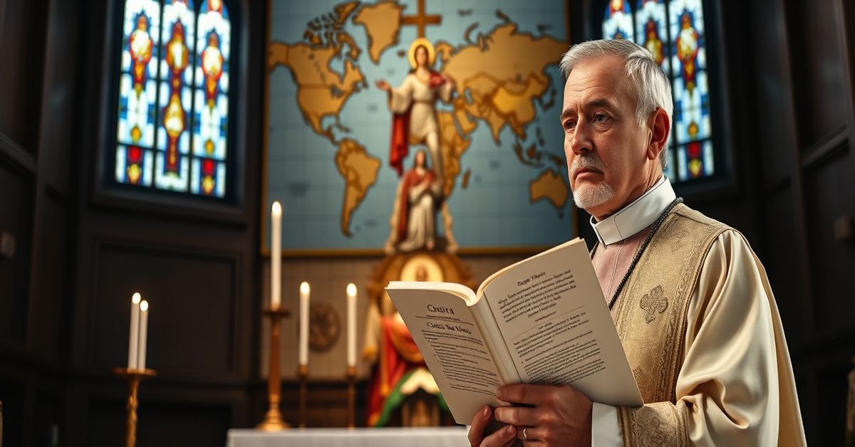 Traditional Catholic priest holding Quas Primas encyclical in a church with Christ the King imagery and world map marked with conflict zones.