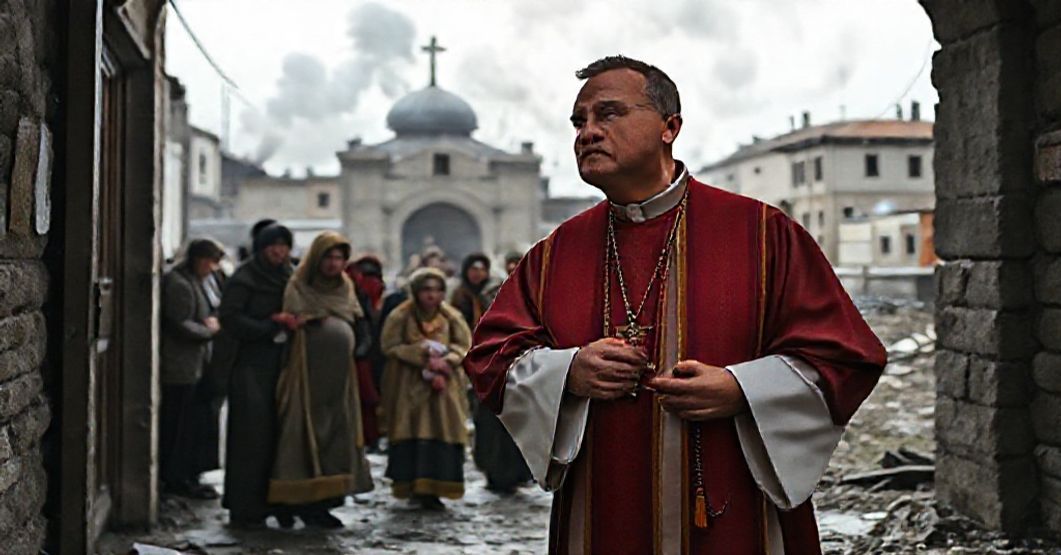 A Catholic priest offering spiritual comfort to civilians amid a war-torn Ukrainian city, reflecting the absence of divine sovereignty in modern reporting.