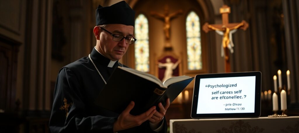 Traditional Catholic priest contrasts Gospel truth with modern psychologized self-care quote in Baroque church interior