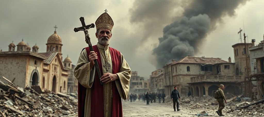 A Catholic priest in traditional vestments stands solemnly amidst war-torn Lebanon, symbolizing the absence of Christ the King's reign in modern reporting.
