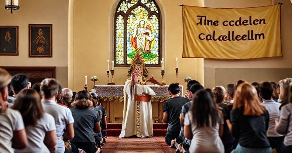 Catholic gathering with young members of Catholic Action kneeling before an altar adorned with traditional icons and a statue of the Sacred Heart.
