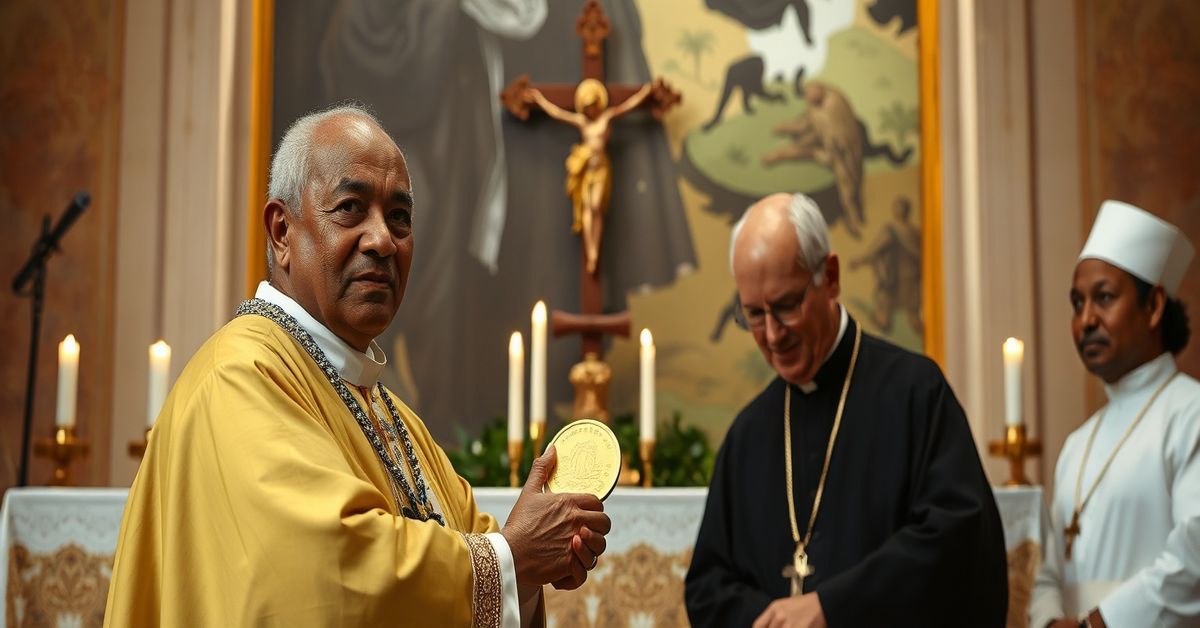 Benki Piyãko receiving Niwano Peace Prize in Vatican setting with Catholic altar and Amazonian nature in background