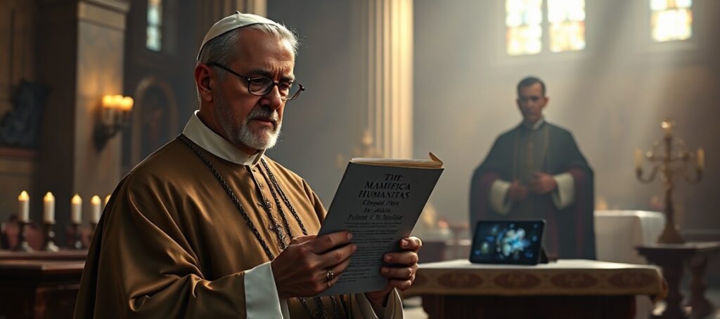 A traditional Catholic priest holding an encyclical by Leo XIV, contrasting with a modernist cleric promoting AI and humanism in a church setting.