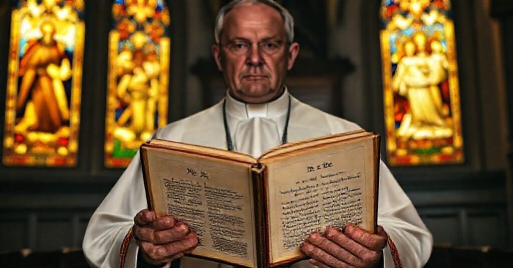 A traditional Catholic priest holds a document on polygamy with solemn concern in a reverent church setting, with biblical verses on marriage visible.