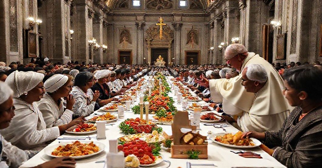 Modernist Distortion of Almsgiving in Vatican's Poverty Spectacle Antipope Leo XIV sharing a meal with displaced persons in the Paul VI Hall during the Ninth World Day of the Poor, emphasizing materialistic "fraternity" over spiritual conversion.