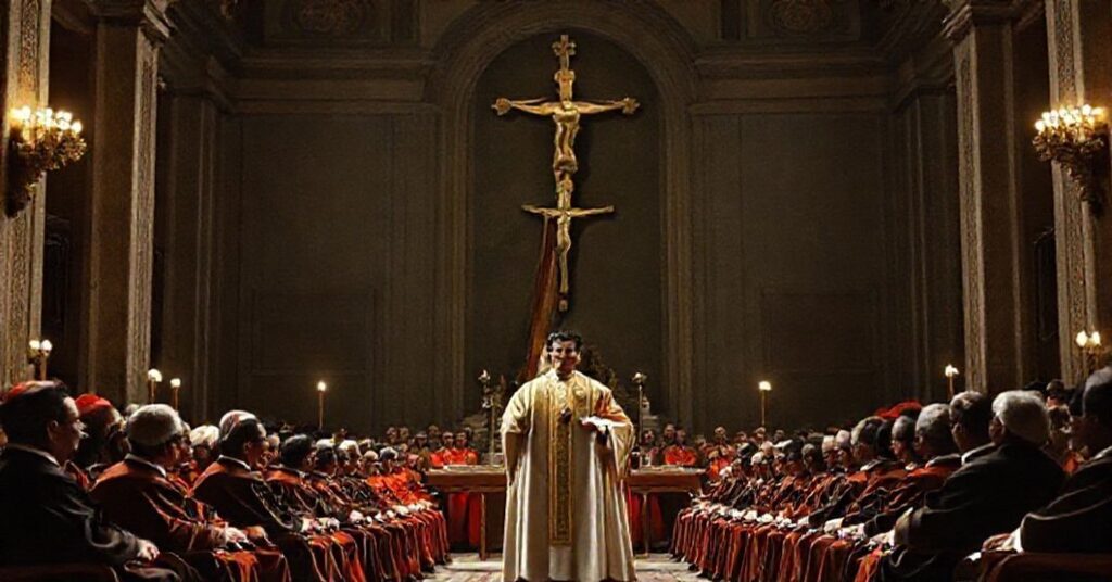 Vatican Preacher Roberto Pasolini delivers a heretical sermon before antipope Leo XIV and the Roman Curia in a grand Vatican hall.