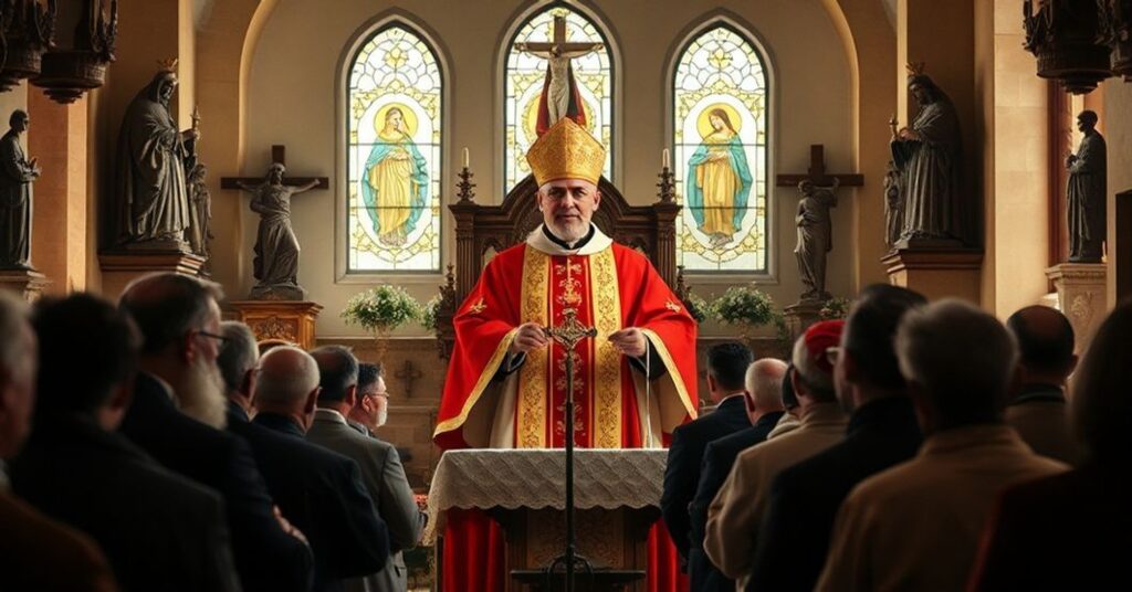 A solemn scene of a Vatican Prelate presiding over a Christmas Mass in Gaza's Holy Family Parish, highlighting the spiritual emptiness of the conciliar sect's ministry.