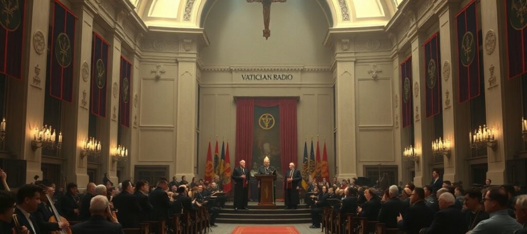 A realistic depiction of the Armenian section of Vatican Radio's 60th anniversary celebration in 2026, highlighting the conciliar revolution's false ecumenism and naturalistic agenda.