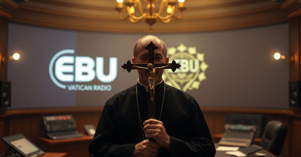A Catholic priest sorrowfully standing in a Vatican Radio studio while a secular media logo is visible in the background, symbolizing the Church's betrayal of its divine mission for secular recognition.