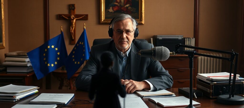 A realistic depiction of Vatican Radio's modernist embrace of secular pluralism, showing Alessandro Gisotti in a Vatican office with EU documents and media equipment.