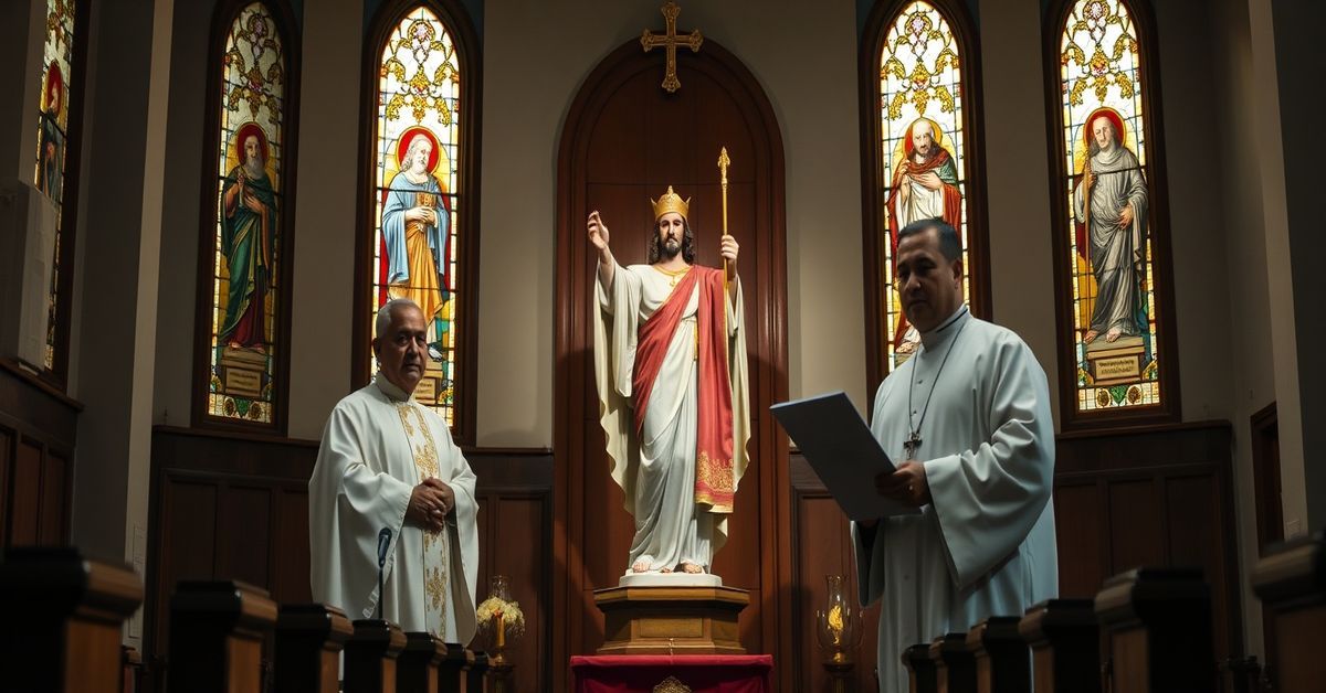 Traditional Catholic church interior with Cardinal George Jacob Koovakad and Monsignor Indunil J.K. Kodithuwakku holding controversial Ramadan message.