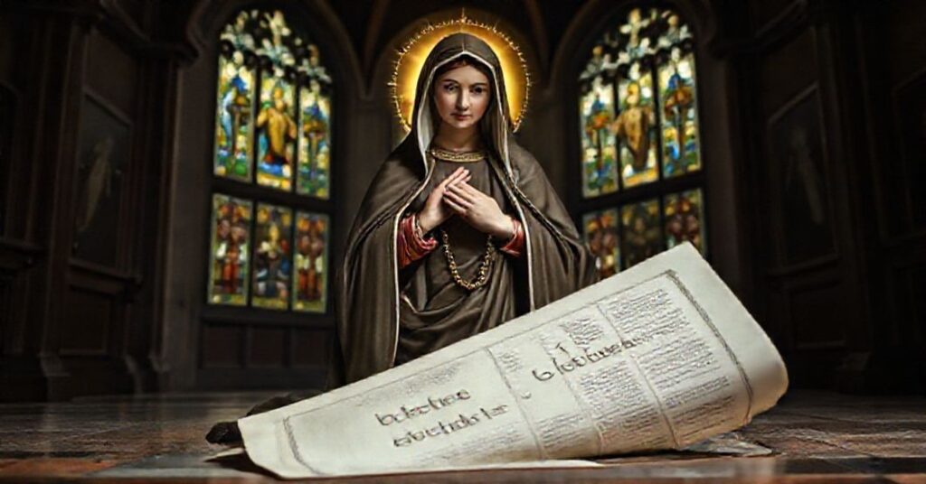 Blessed Virgin Mary in traditional Catholic iconography holding a rosary, with a discarded modernist document at her feet.