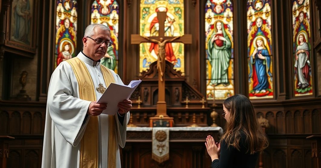 Vatican Rejects Dozulé Apparitions - A Sedevacantist Perspective A traditional Catholic priest in a cassock holds a Vatican document rejecting the Dozulé apparitions while a young woman prays before a wooden cross in a solemn church setting.
