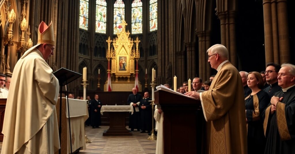 A traditional Catholic Mass scene with Archbishop Bätzing and Cardinal Sarah reacting to a layman attempting to deliver a homily in a German cathedral.