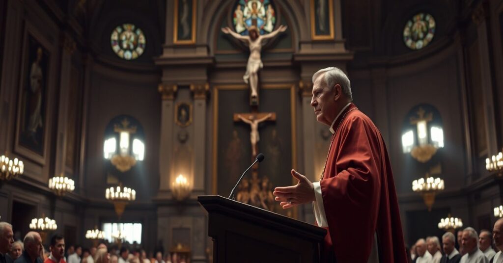 Bishop Erik Varden delivering a reflection during the 2026 Lenten Spiritual Exercises in the Vatican, surrounded by antipope Leo XIV and cardinals.