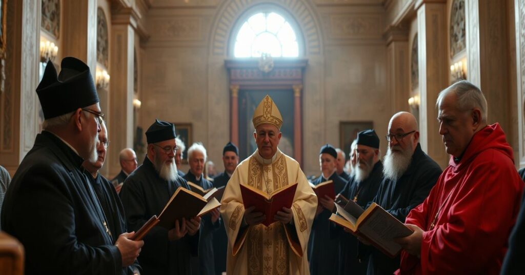 A solemn Vatican retreat scene centered on subjective piety without Christ the King or sacraments.