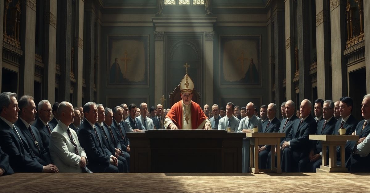 A somber depiction of a Vatican assembly led by antipope 'Leo XIV,' highlighting the naturalistic approach to safeguarding over supernatural Catholic doctrine.