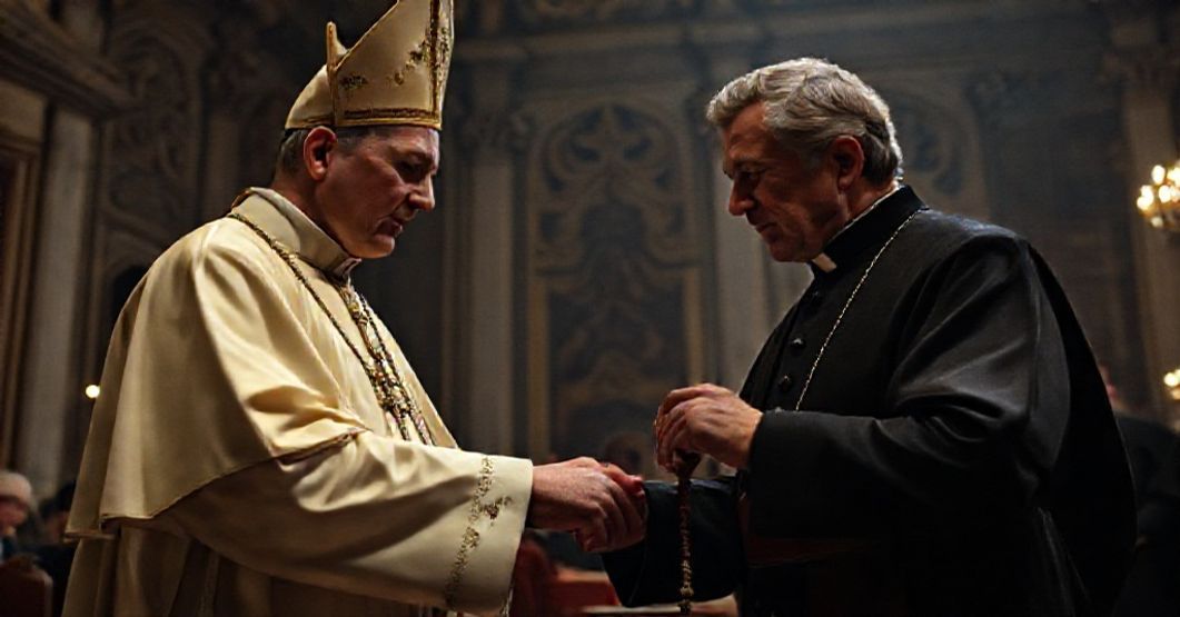 Vatican's Scandalous Embrace of Hollywood Icon Antipope Leo XIV handing a Rosary to actor Robert De Niro in the Apostolic Palace, symbolizing the profanation of sacred symbols.