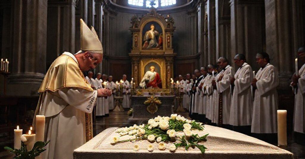 An antipope lays white roses at the tomb of a heretical predecessor in the Basilica of St. Mary Major, surrounded by modernist clergy and syncretic Marian devotions.