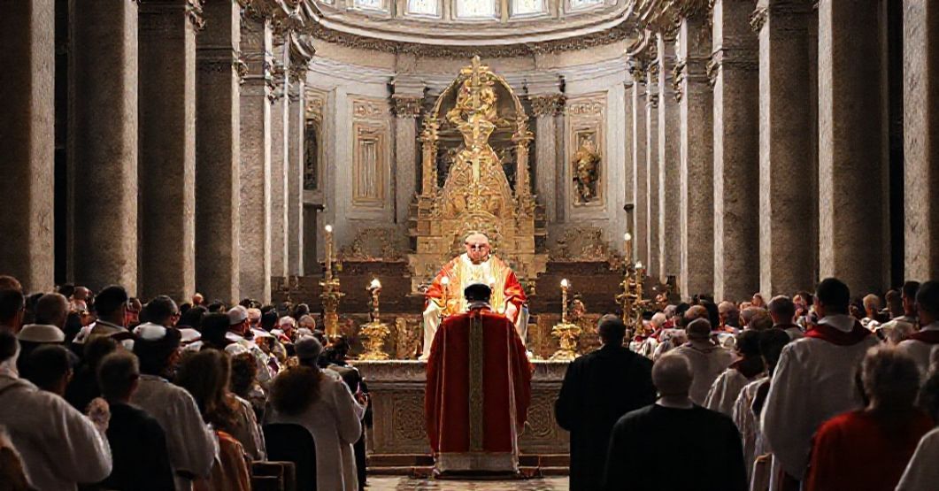 Vatican Sect's Theatrical Funeral Rites Expose Apostate Ecclesiology A solemn Catholic funeral service in St. Peter's Basilica with an invalid Novus Ordo "Mass" being celebrated by antipope Leo XIV (Robert Prevost), surrounded by conciliar prelates