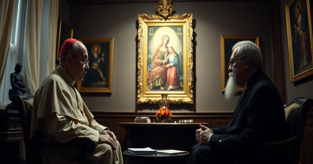 Cardinal Victor Manuel Fernández and Father Davide Pagliarani in a tense theological dialogue in the Vatican.