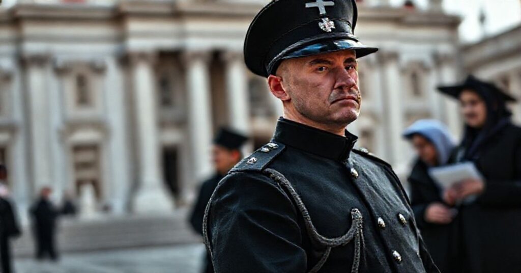 Vatican Swiss Guard in traditional uniform at St. Peter's Basilica entrance with two Jewish women in background.
