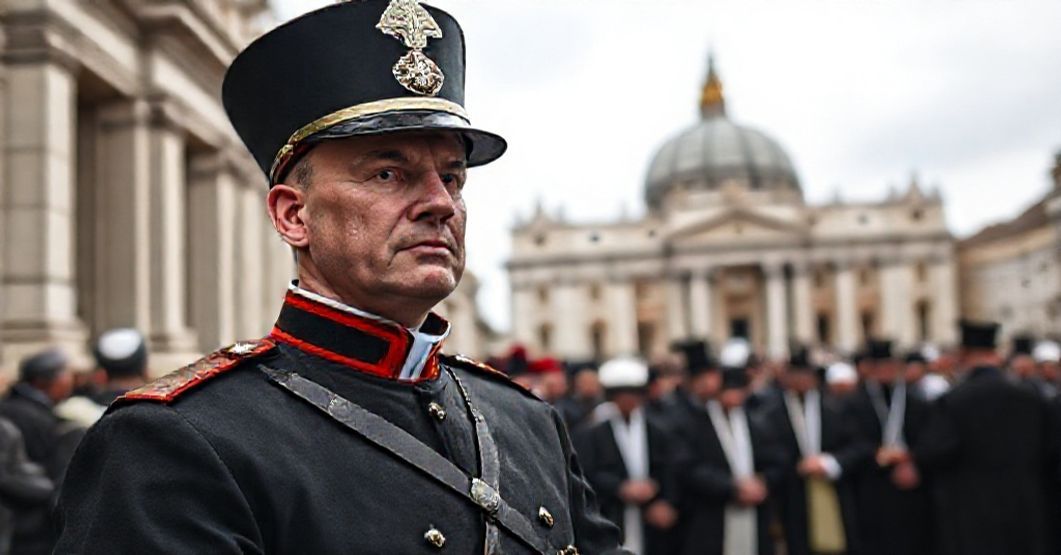 Pontifical Swiss Guard standing solemnly before St. Peter's Basilica during an interfaith event commemorating Nostra Aetate's anniversary.