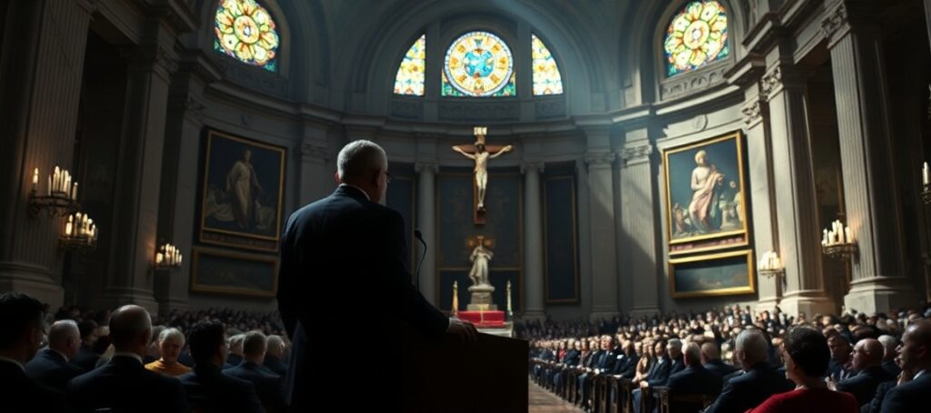 Vatican Synod Hall in 2026 during AI presentation by Christopher Olah and antipope Leo XIV.