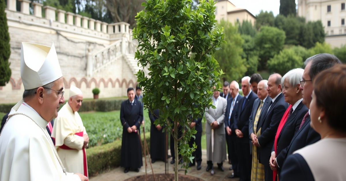 A solemn ceremony in the Vatican Gardens where Archbishop Emilio Nappa and Mauro Uniformi plant a ginkgo biloba tree.