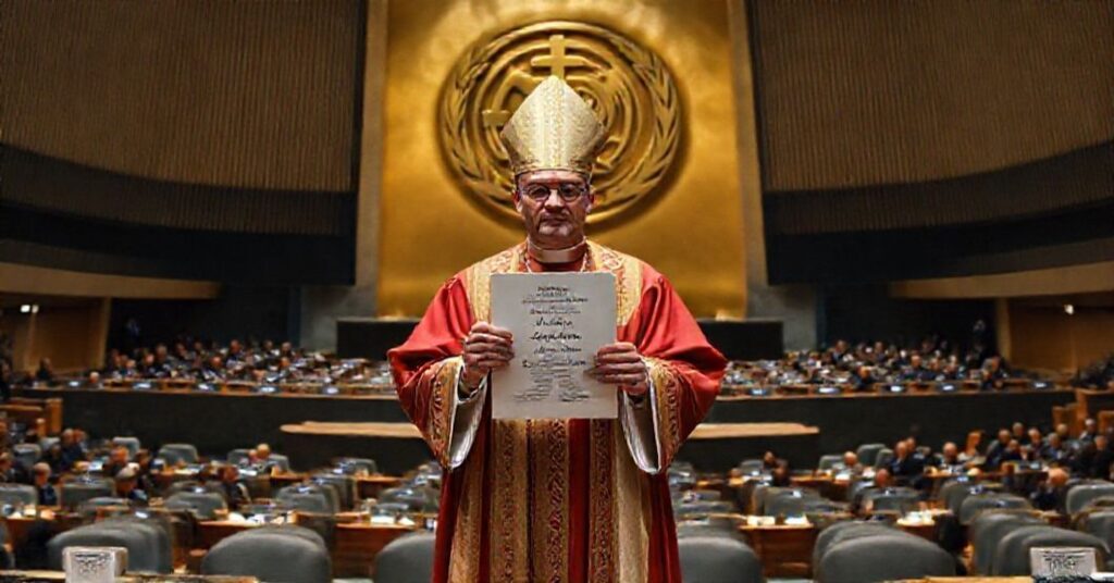 Archbishop Gabriele Caccia at the UN Assembly promoting a two-state solution, juxtaposed with the shadow of Christ the King, symbolizing secular compromise.