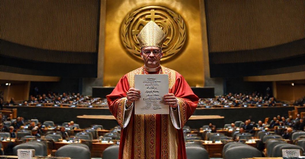 Archbishop Gabriele Caccia at the UN Assembly promoting a two-state solution, juxtaposed with the shadow of Christ the King, symbolizing secular compromise.