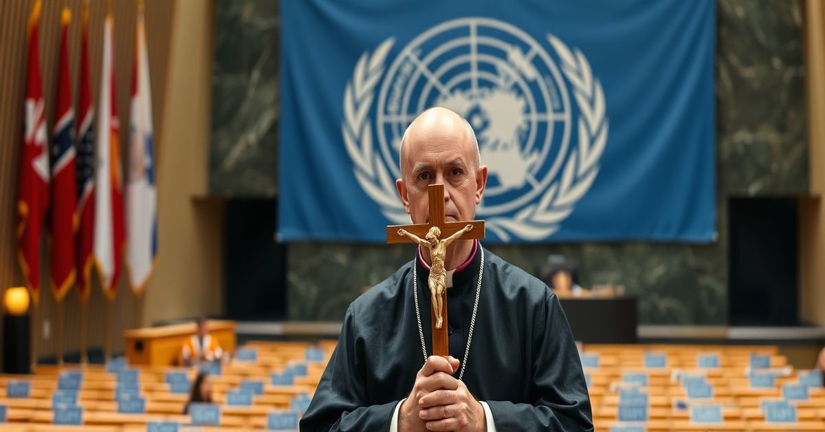 A solemn Catholic bishop holds a crucifix before the United Nations General Assembly, symbolizing the Vatican's modernist apostasy.