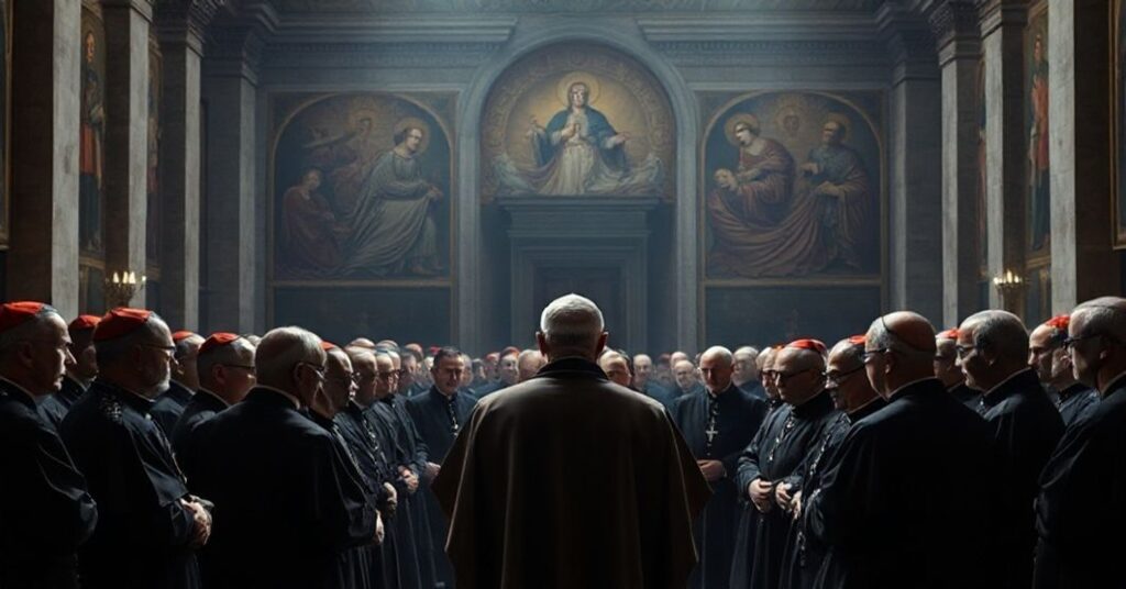 Pseudo-cardinals gather in a dimly lit Vatican hall around antipope Leo XIV (Robert Prevost), discussing doctrinal subversion under the guise of collegiality.
