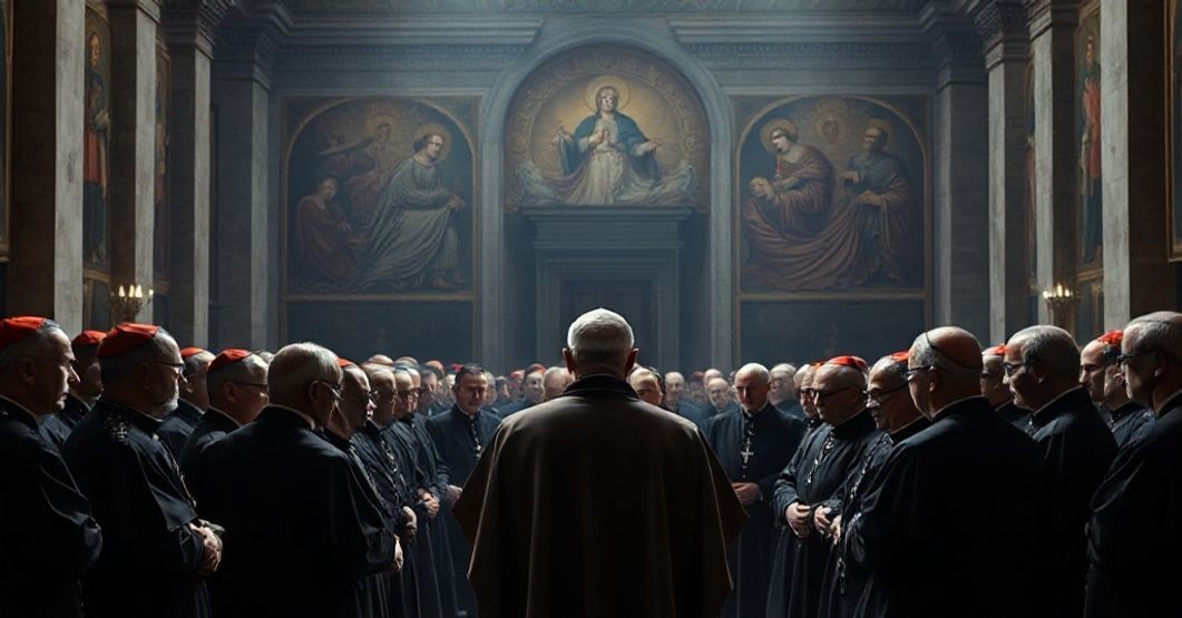 Pseudo-cardinals gather in a dimly lit Vatican hall around antipope Leo XIV (Robert Prevost), discussing doctrinal subversion under the guise of collegiality.