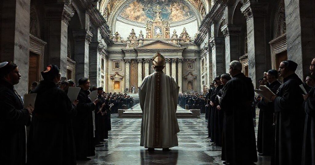 St. Peter's Basilica and St. Mary Major under financial control by Vatican usurpers, symbolizing spiritual decay and administrative corruption.