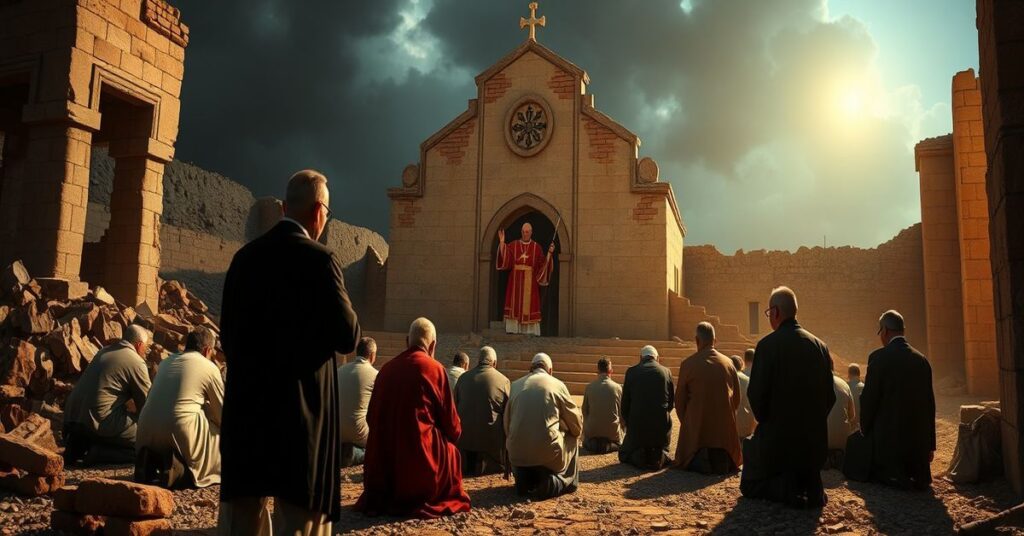 Lebanese Christians praying in front of a ruined church amid war-torn southern Lebanon, with 'Pope Leo XIV' (Robert Prevost) and diplomats in the background.