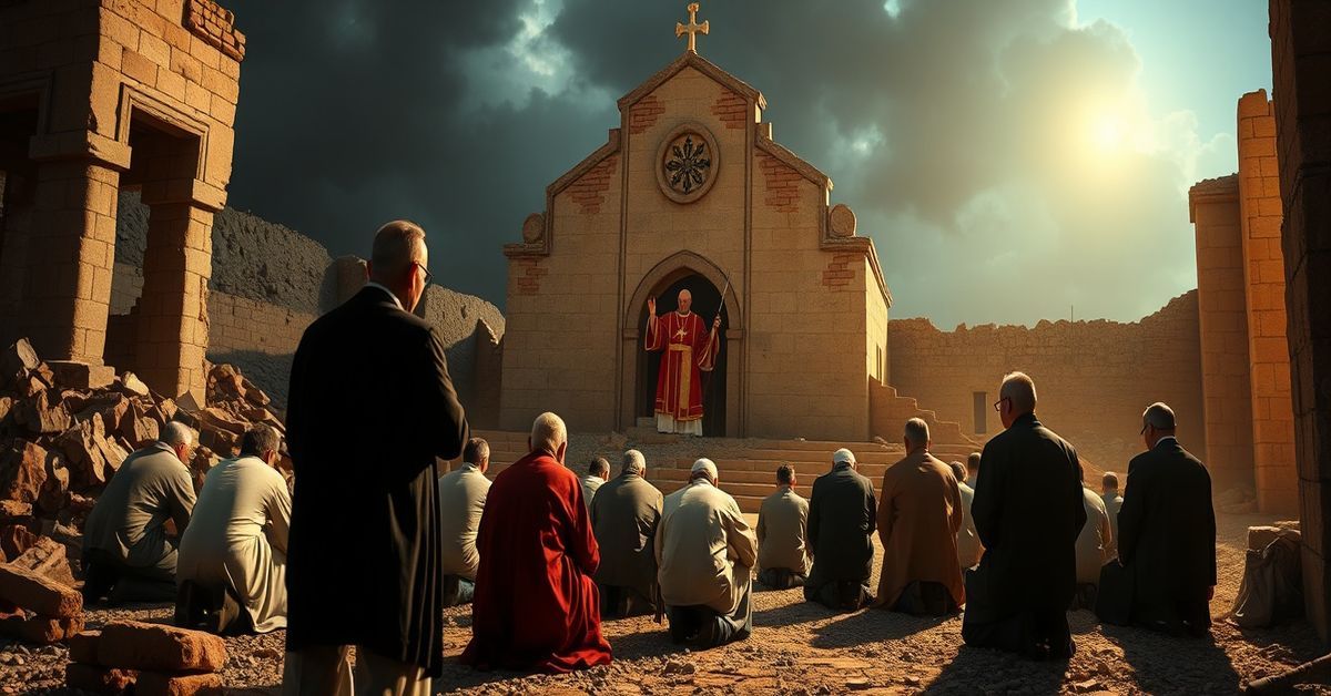 Lebanese Christians praying in front of a ruined church amid war-torn southern Lebanon, with 'Pope Leo XIV' (Robert Prevost) and diplomats in the background.