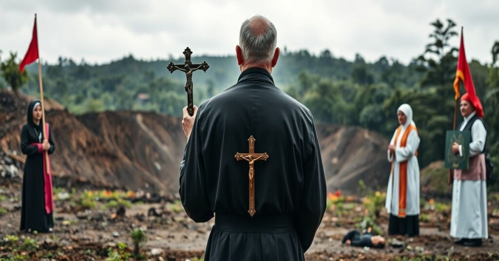 Catholic priest in cassock holding crucifix before a deforested mining area, contrasting with environmental activists and Vatican officials promoting divestment from mining.