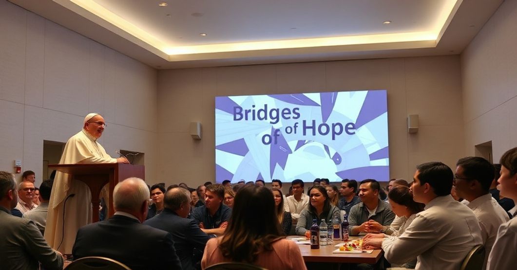 A solemn Catholic setting with young people from Israel, Palestine, and the United States engaging in games and dialogues in a modern hall with antipope Leo XIV addressing them.